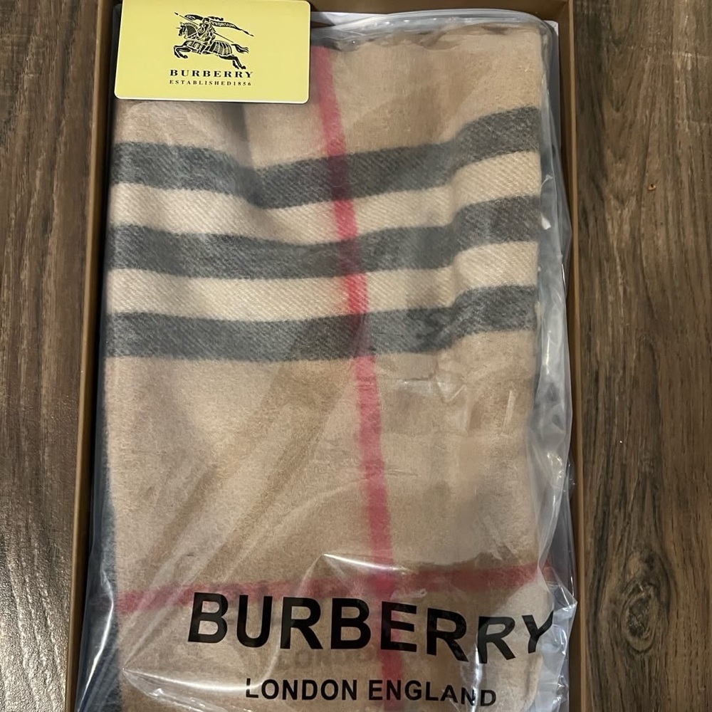Burberry Beige Check Scarf with Gray and Red Stripes